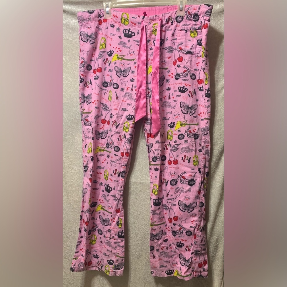 Y2K PINK Victorias Secret Flannel Rock & Roll Bikercore Theme PJ Pants sz M VTG